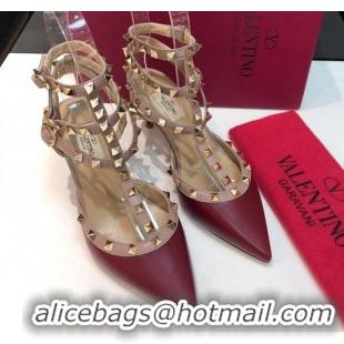 Best Price Valentino Rockstud Lambskin Medium Heel Pumps 6.5cm with Three Straps Burgundy 330115