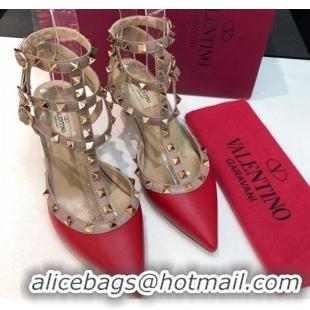 Discount Valentino Rockstud Lambskin Medium Heel Pumps 6.5cm with Three Straps Red 330116