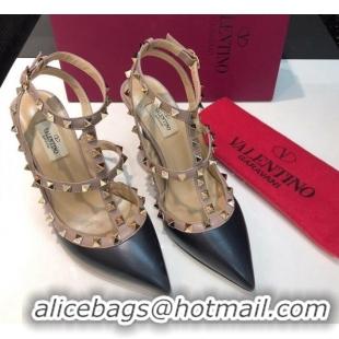 Pretty Style Valentino Rockstud Lambskin High Heel Pumps 9.5cm with Double Straps Black 330117