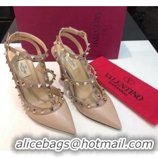 Good Looking Valentino Rockstud Lambskin High Heel Pumps 9.5cm with Double Straps Nude 330118