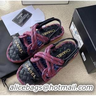 ​New Design Chanel Cord Flat Sandals G34602 Black/Rose Red