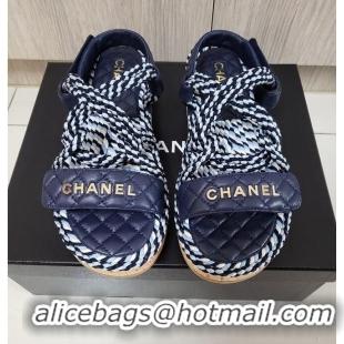 Best Grade Chanel Cord Flat Sandals G34602 Navy Blue