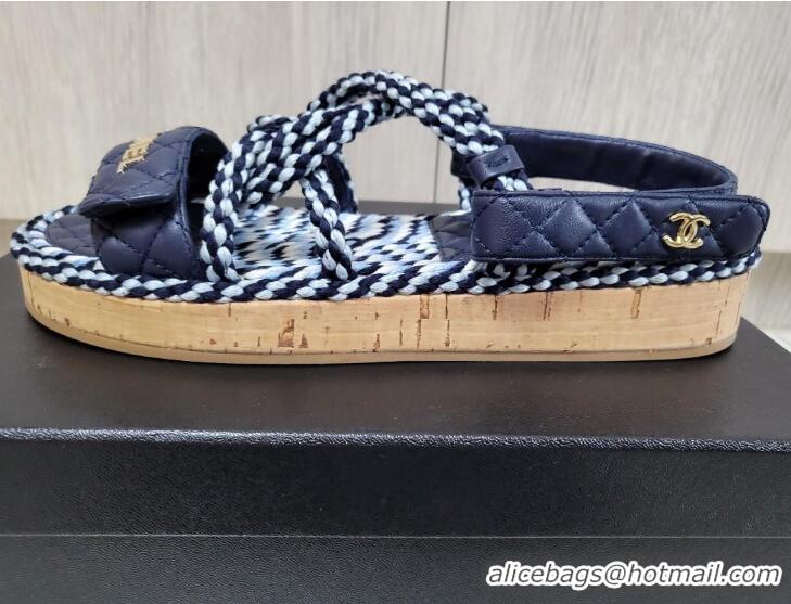 Best Grade Chanel Cord Flat Sandals G34602 Navy Blue