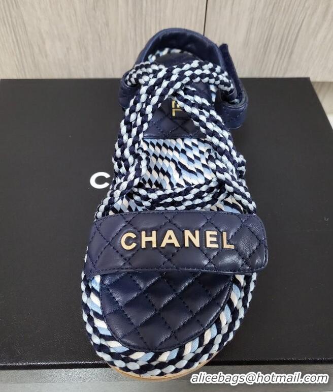 Best Grade Chanel Cord Flat Sandals G34602 Navy Blue