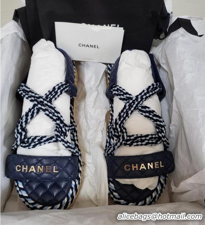 Best Grade Chanel Cord Flat Sandals G34602 Navy Blue