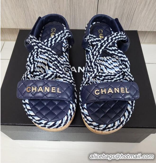 Best Grade Chanel Cord Flat Sandals G34602 Navy Blue