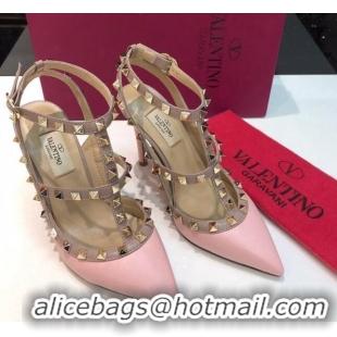 Top Grade Valentino Rockstud Lambskin High Heel Pumps 9.5cm with Double Straps Pink 330119