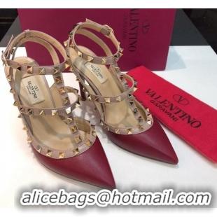 Low Price Valentino Rockstud Lambskin High Heel Pumps 9.5cm with Double Straps Burgundy 330122