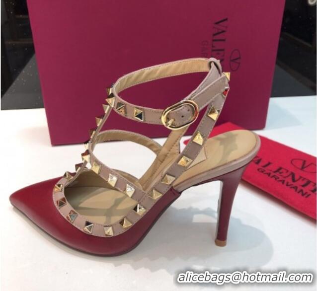 Low Price Valentino Rockstud Lambskin High Heel Pumps 9.5cm with Double Straps Burgundy 330122