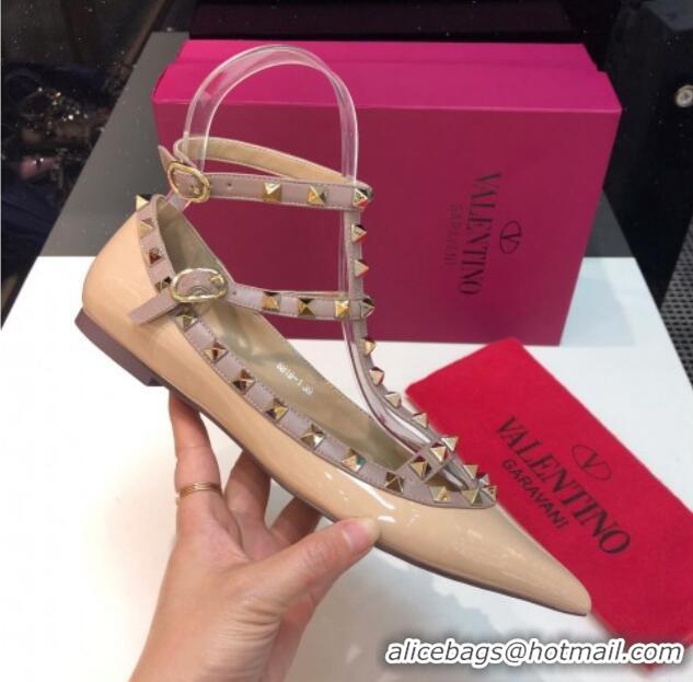 Best Product Valentino Rockstud Patent Leather Ballerinas with Double Straps Nude 330124