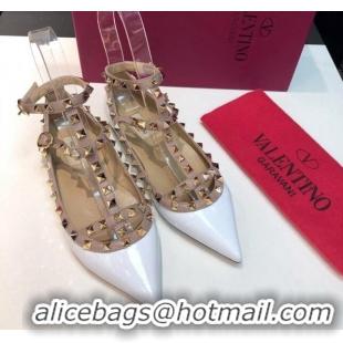 Hot Style Valentino Rockstud Patent Leather Ballerinas with Double Straps White 330125