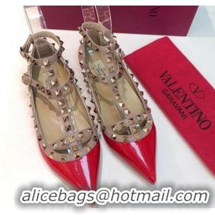 Low Price Valentino Rockstud Patent Leather Ballerinas with Double Straps Red 330127