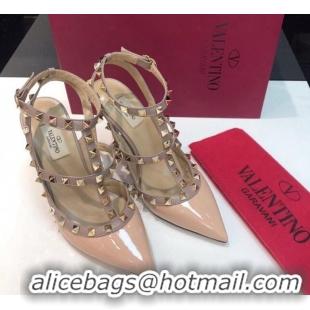 Top Design Valentino Rockstud Patent Leather High Heel Pumps 9.5cm with Double Straps Nude 330130