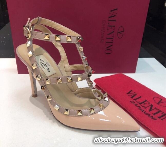 Top Design Valentino Rockstud Patent Leather High Heel Pumps 9.5cm with Double Straps Nude 330130