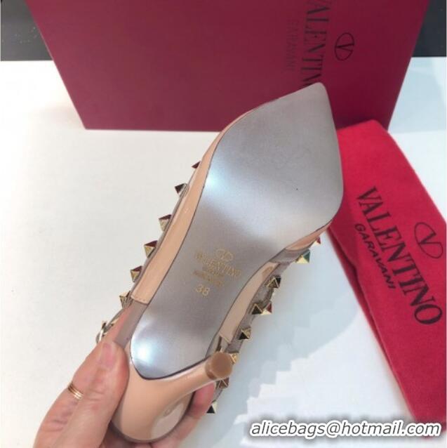 Top Design Valentino Rockstud Patent Leather High Heel Pumps 9.5cm with Double Straps Nude 330130