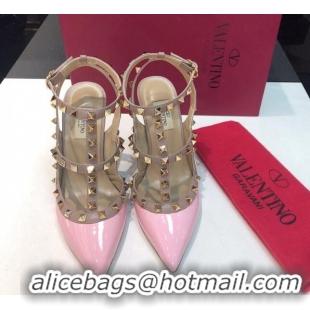 Top Grade Valentino Rockstud Patent Leather High Heel Pumps 9.5cm with Double Straps Light Pink 330132