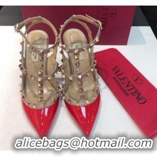 Good Quality Valentino Rockstud Patent Leather High Heel Pumps 9.5cm with Double Straps Red 330133