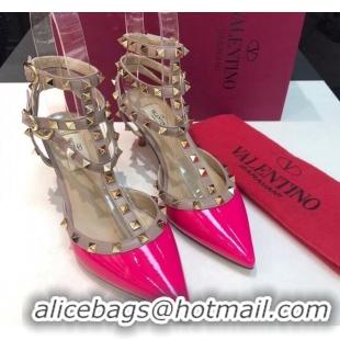 1:1 aaaaa Valentino Rockstud Patent Leather High Heel Pumps 9.5cm with Double Straps Dark Pink 330134