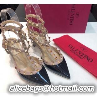 Top Design Valentino Rockstud Patent Leather Medium Heel Pumps 6.5cm with Three Straps Black 330135