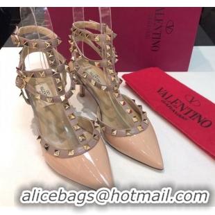 Good Looking Valentino Rockstud Patent Leather Medium Heel Pumps 6.5cm with Three Straps Nude 330136