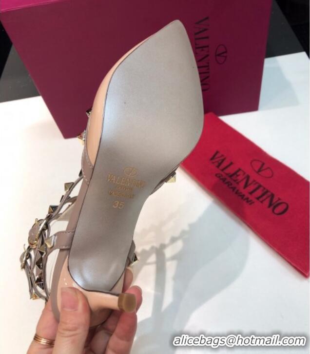 Good Looking Valentino Rockstud Patent Leather Medium Heel Pumps 6.5cm with Three Straps Nude 330136