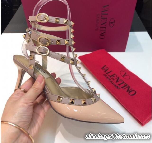 Good Looking Valentino Rockstud Patent Leather Medium Heel Pumps 6.5cm with Three Straps Nude 330136