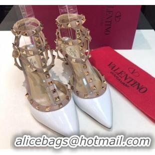 Best Product Valentino Rockstud Patent Leather Medium Heel Pumps 6.5cm with Three Straps White 330137