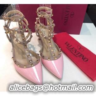 Pretty Style Valentino Rockstud Patent Leather Medium Heel Pumps 6.5cm with Three Straps Light Pink 330138