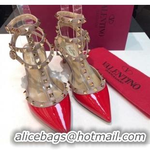 Popular Style Valentino Rockstud Patent Leather Medium Heel Pumps 6.5cm with Three Straps Red 330139