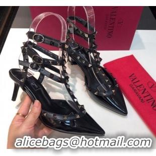 Best Grade Valentino Rockstud Patent Leather Medium Heel Pumps 6.5cm with Three Straps Black/Aged Silver 330141