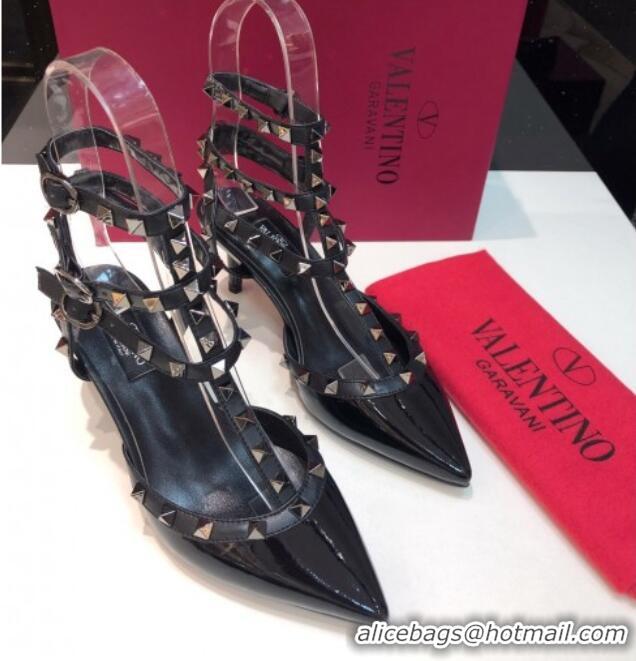 Best Grade Valentino Rockstud Patent Leather Medium Heel Pumps 6.5cm with Three Straps Black/Aged Silver 330141