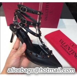 Top Grade Valentino Rockstud Lambskin Medium Heel Pumps 6.5cm with Three Straps Black/Aged Silver 330142