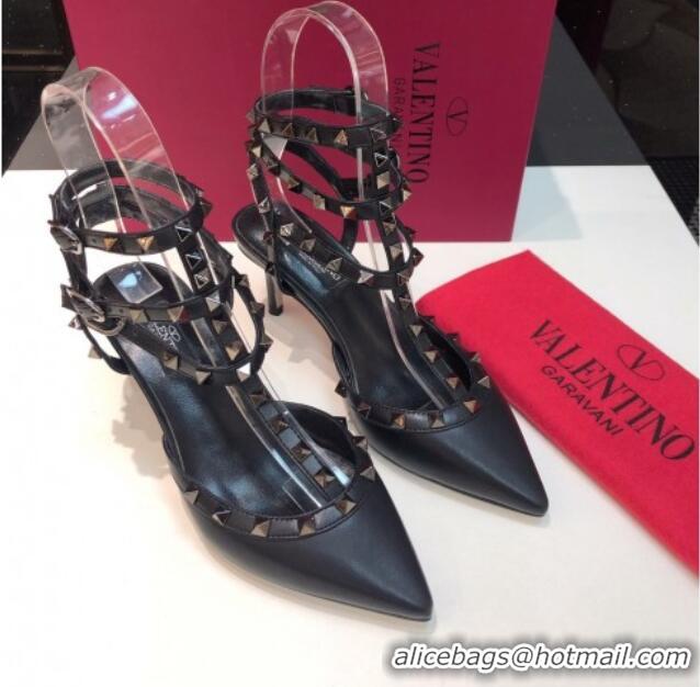 Top Grade Valentino Rockstud Lambskin Medium Heel Pumps 6.5cm with Three Straps Black/Aged Silver 330142