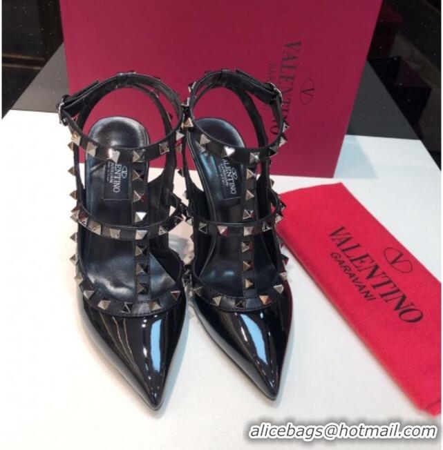 Durable Valentino Rockstud Patent Leather High Heel Pumps 9.5cm with Double Straps Black/Aged Silver 330143