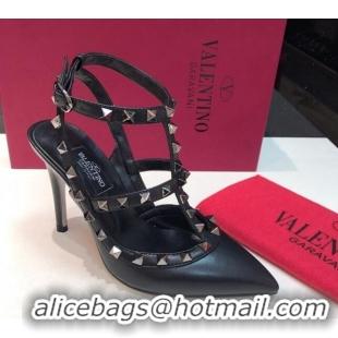 Unique Style Valentino Rockstud Lambskin High Heel Pumps 9.5cm with Double Straps Black/Aged Silver 330144