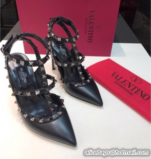 Unique Style Valentino Rockstud Lambskin High Heel Pumps 9.5cm with Double Straps Black/Aged Silver 330144