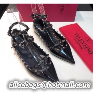 Discount Valentino Rockstud Patent Leather Ballerinas with Double Straps Black/Aged Silver 330145