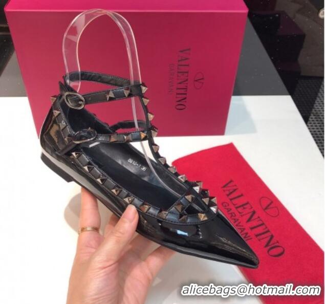 Discount Valentino Rockstud Patent Leather Ballerinas with Double Straps Black/Aged Silver 330145