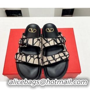 Discount Valentino VLogo Strap Flat Slide Sandals in Toile Iconographe Fabric Black/Beige 330149