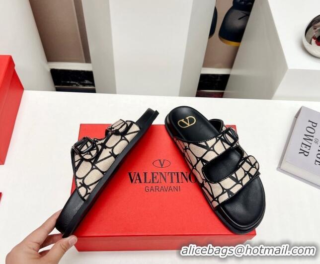 Discount Valentino VLogo Strap Flat Slide Sandals in Toile Iconographe Fabric Black/Beige 330149