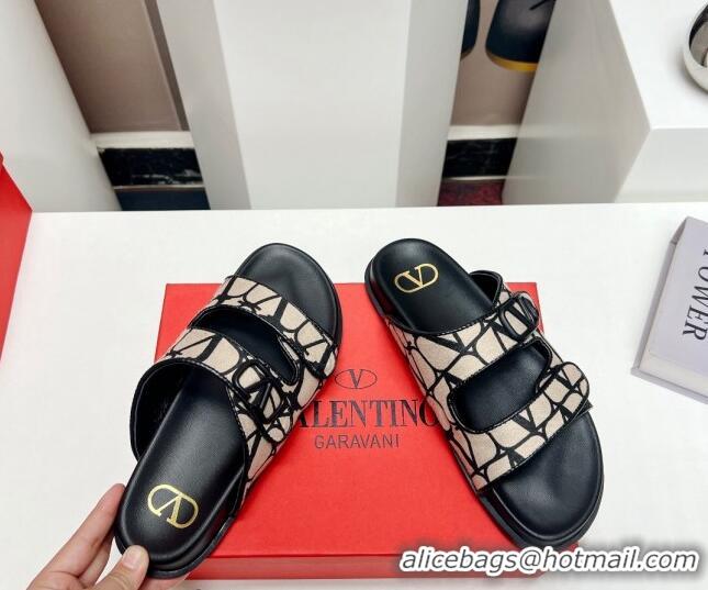 Discount Valentino VLogo Strap Flat Slide Sandals in Toile Iconographe Fabric Black/Beige 330149