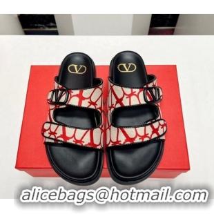 Grade Quality Valentino VLogo Strap Flat Slide Sandals in Toile Iconographe Fabric Red/Beige 330150