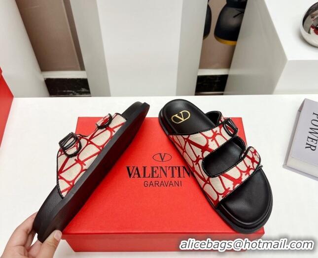 Grade Quality Valentino VLogo Strap Flat Slide Sandals in Toile Iconographe Fabric Red/Beige 330150