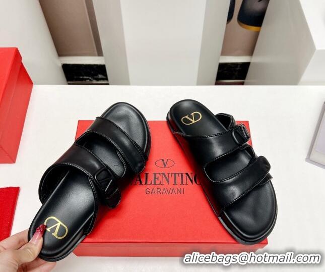 Luxurious Valentino VLogo Strap Flat Slide Sandals in Calf Leather Black 330152