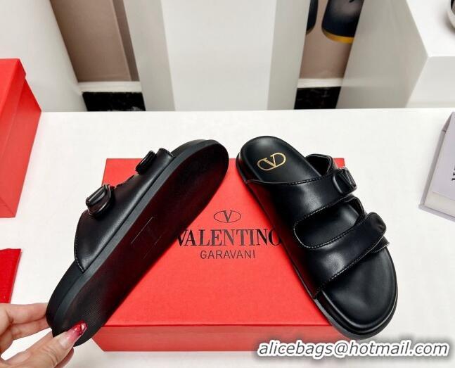 Luxurious Valentino VLogo Strap Flat Slide Sandals in Calf Leather Black 330152