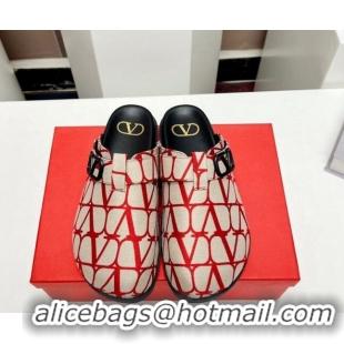 Low Price Valentino VLogo Flat Mules in Toile Iconographe Fabric Red/Beige 330153