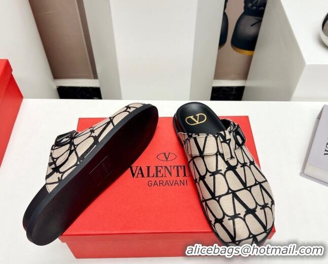 Shop Duplicate Valentino VLogo Flat Mules in Toile Iconographe Fabric Black/Beige 330154