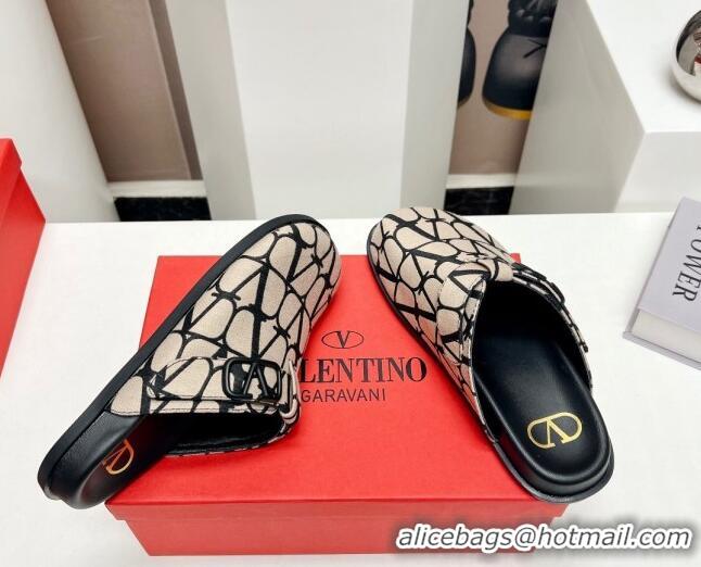 Shop Duplicate Valentino VLogo Flat Mules in Toile Iconographe Fabric Black/Beige 330154