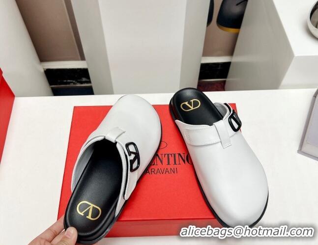 Classic Hot Valentino VLogo Flat Mules in Calf Leather White/Black 330155