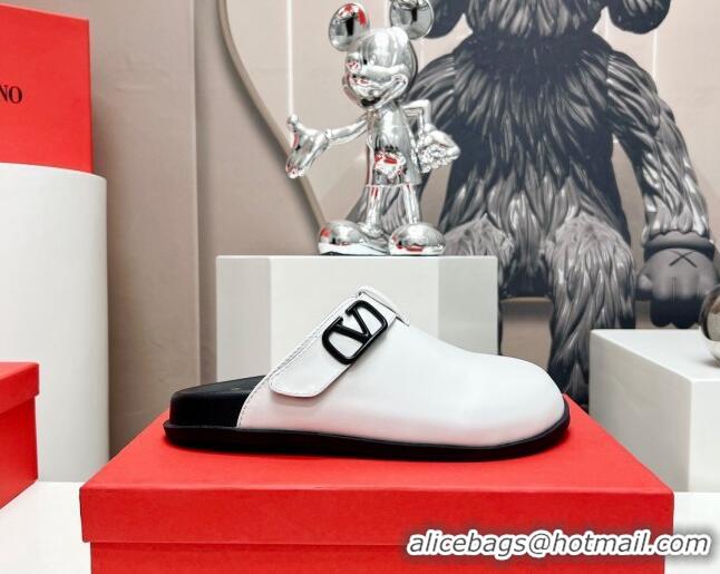 Classic Hot Valentino VLogo Flat Mules in Calf Leather White/Black 330155